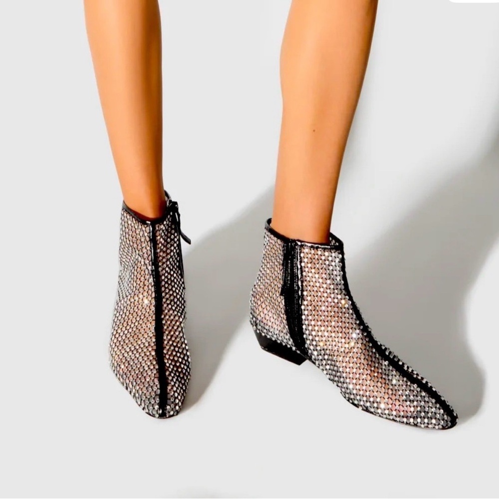 NIB Rebecca Minkoff Women’s Crystal Mesh -SZ 7.5- Stretch Black Bootie 40mm Heel